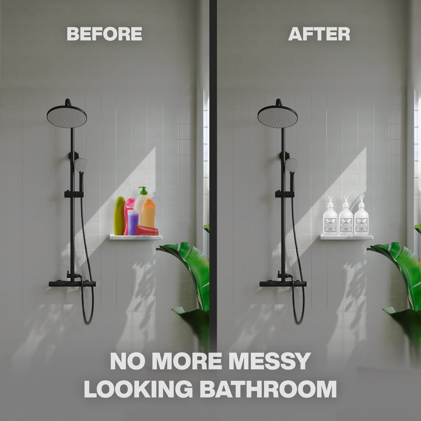 Bathroom before and after organization using Lovesome House labeled refillable bottles
