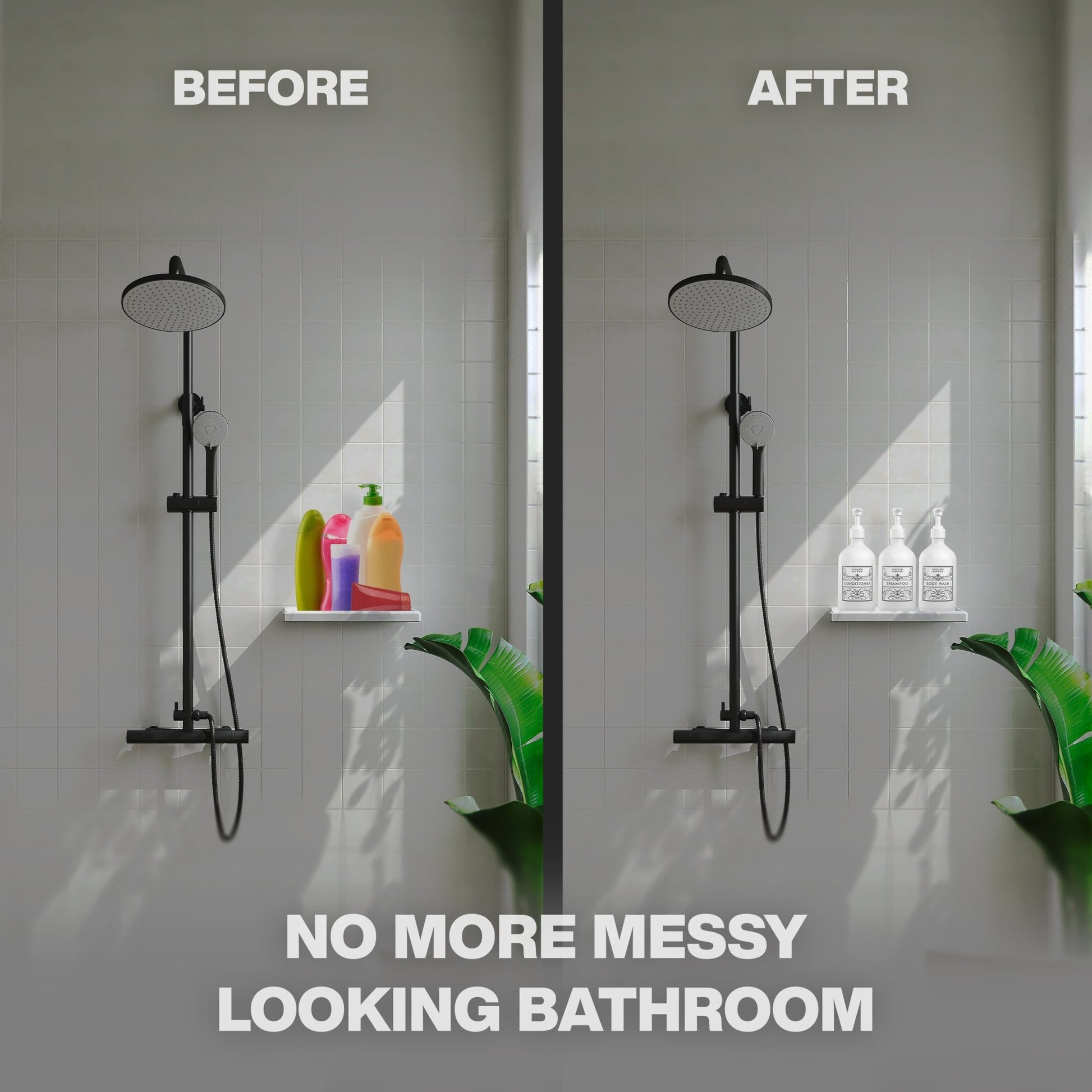 Bathroom before and after organization using Lovesome House labeled refillable bottles