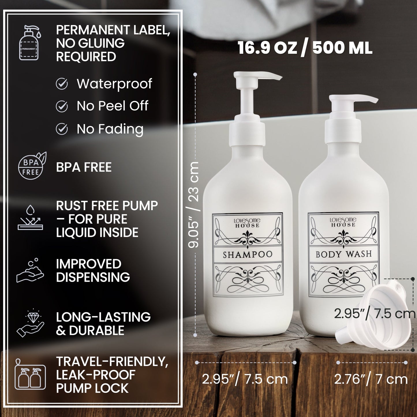 Lovesome House refillable shampoo and conditioner bottles with BPA-free plastic and waterproof labels