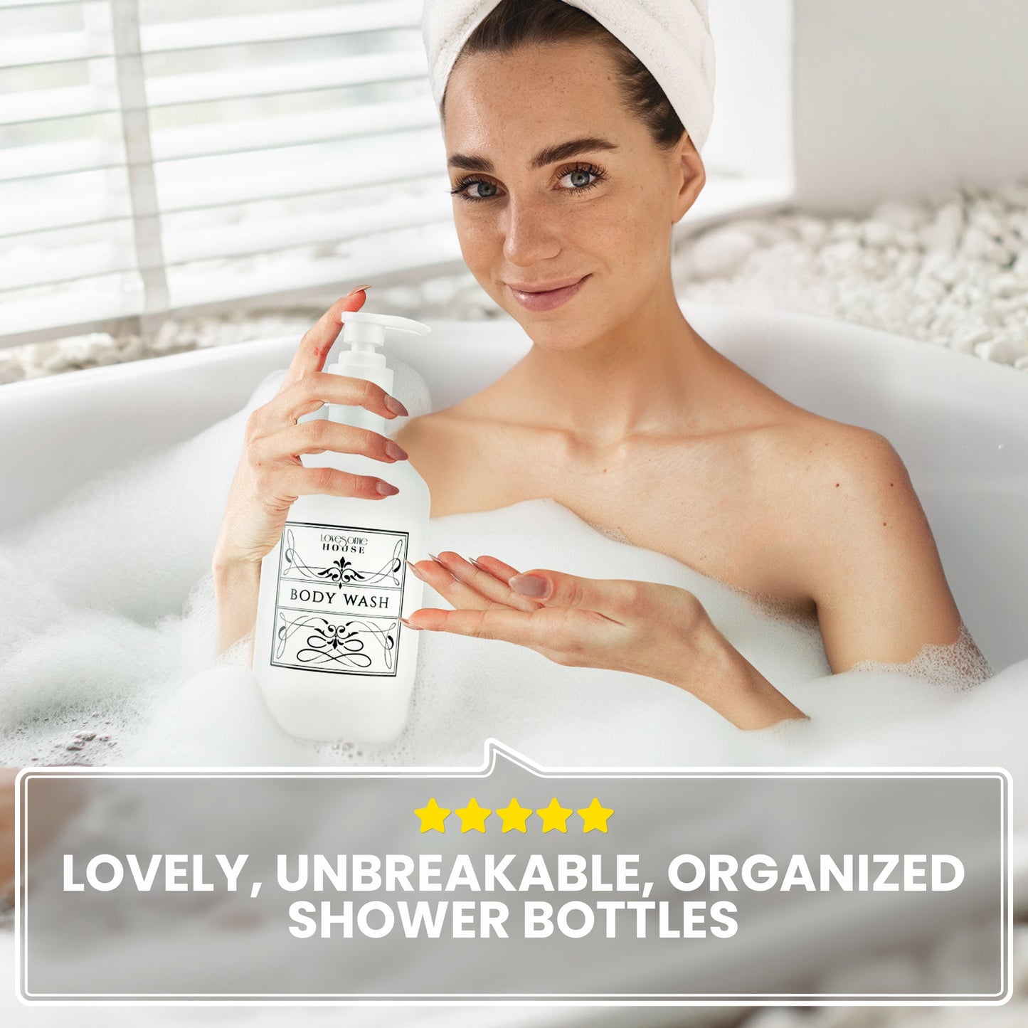 Woman relaxing in bath while holding elegant refillable shampoo bottle from Lovesome House