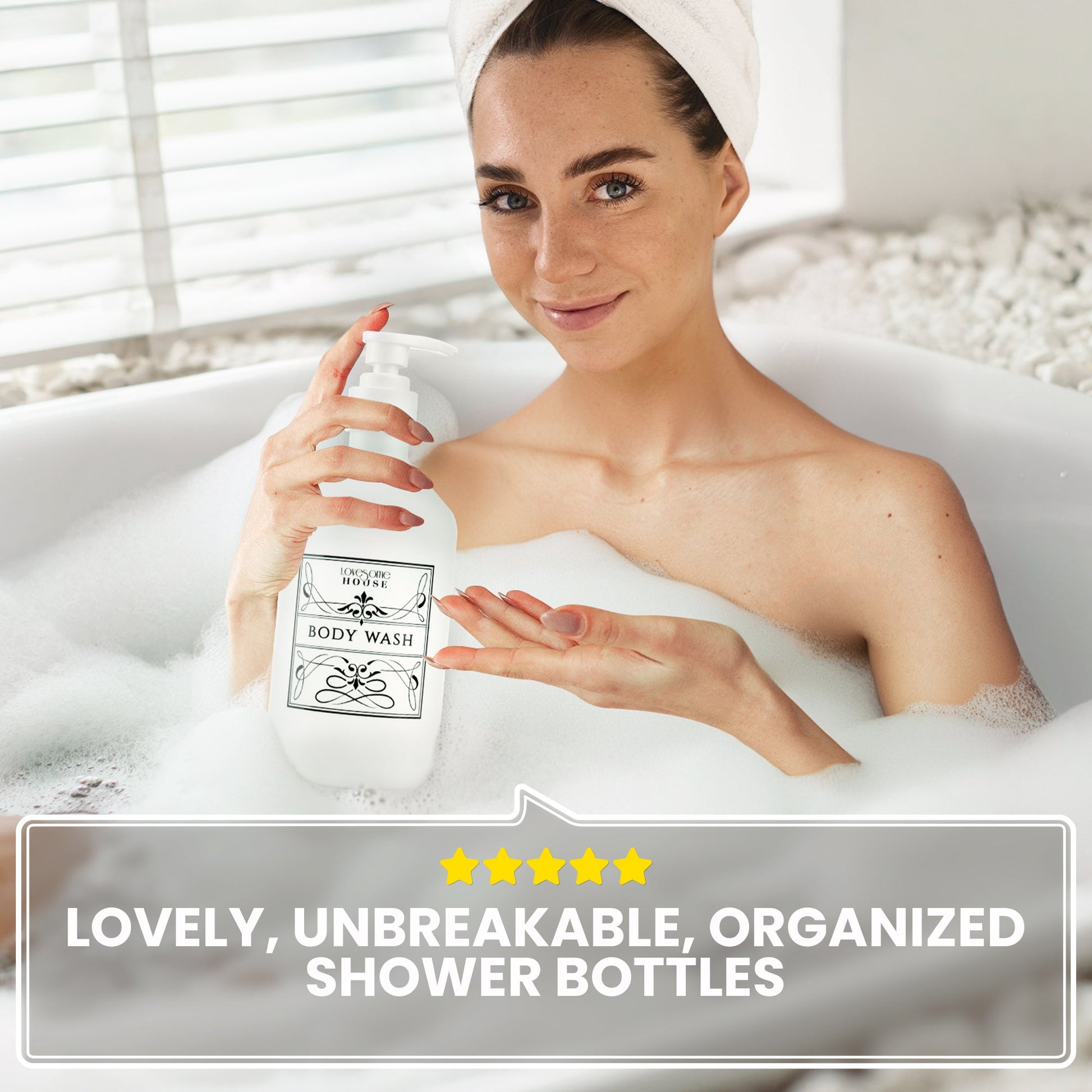 Woman relaxing in bath while holding elegant refillable shampoo bottle from Lovesome House
