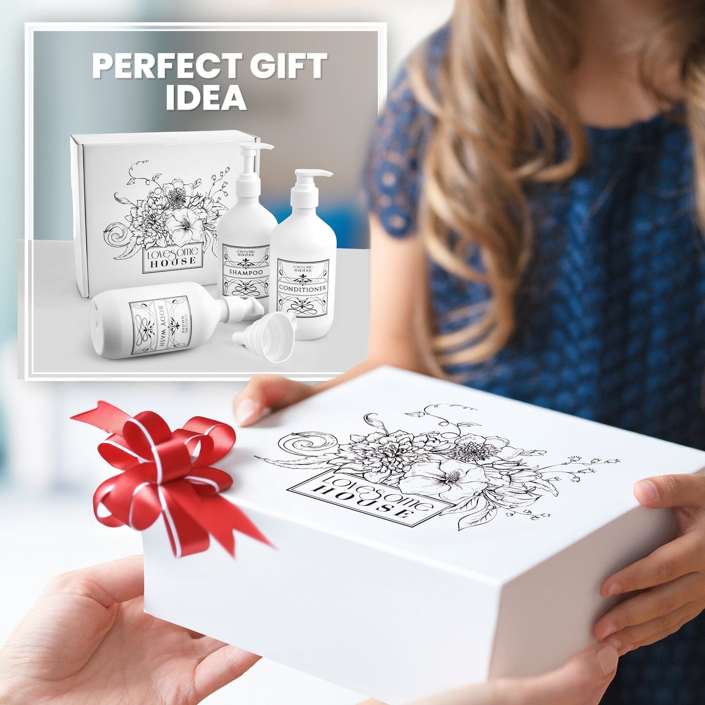 Gift-ready packaging of Lovesome House refillable bottles – perfect for thoughtful, elegant gifts