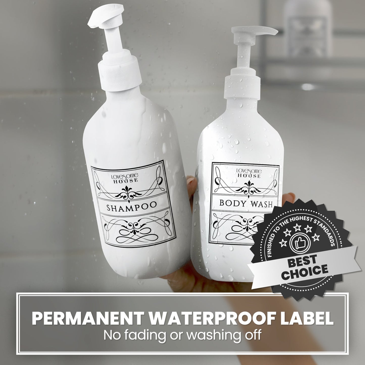 Close-up of waterproof label on Lovesome House refillable shampoo bottle held in hand