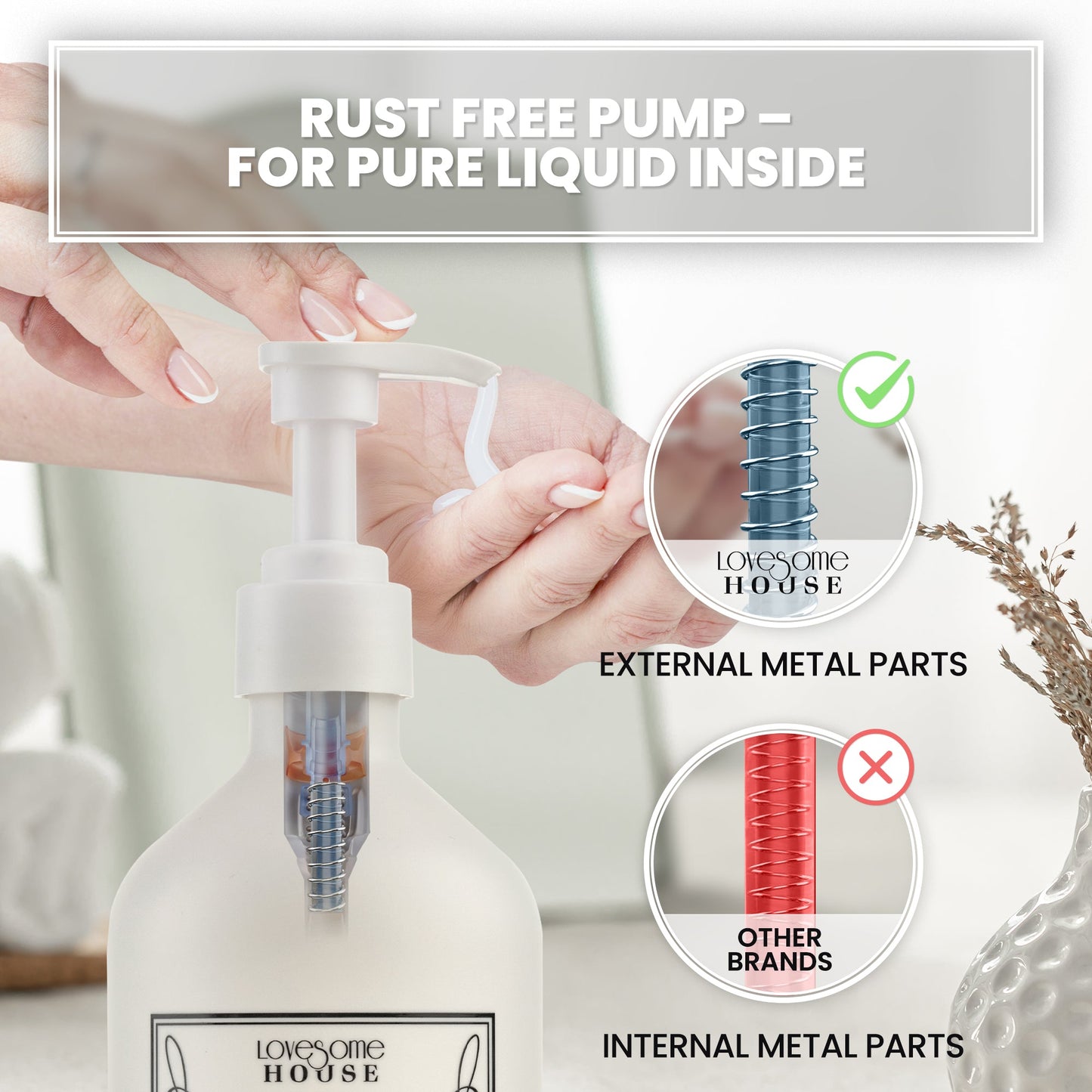 Premium pump design on Lovesome House bottles compared to standard pumps from other brands